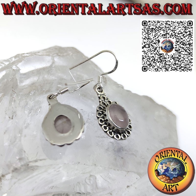 Silver earrings with oval rose quartz surrounded by circles