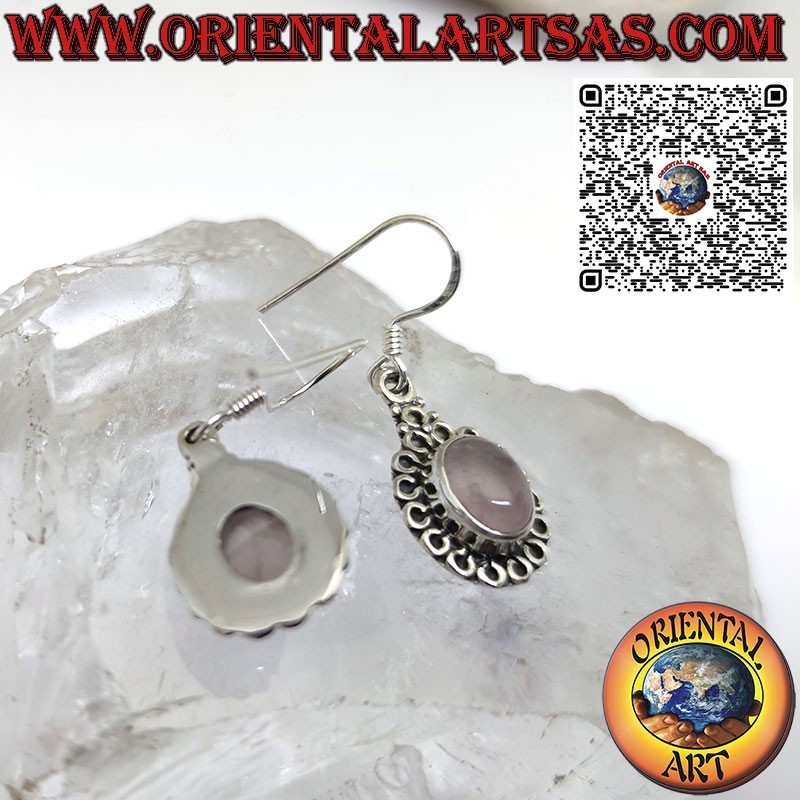 Silver earrings with oval rose quartz surrounded by circles