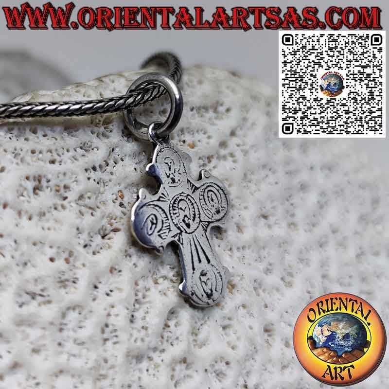 Silver orthodox cross pendant with double-sided engraved crucifix