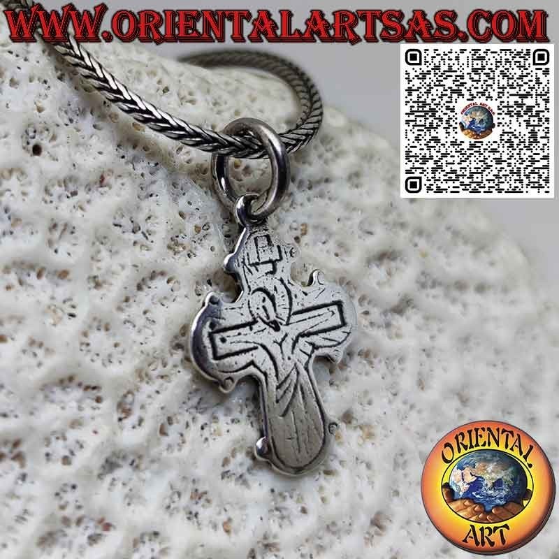 Pendentif croix orthodoxe en argent avec crucifix gravé double face