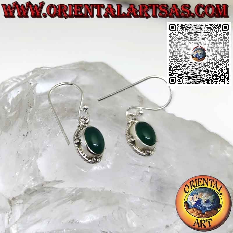 Pendientes de plata con esferas ovaladas de ágata verde natural y trenza