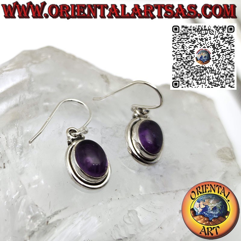 Orecchini in argento con ametista ovale cabochon a doppio bordo semplice