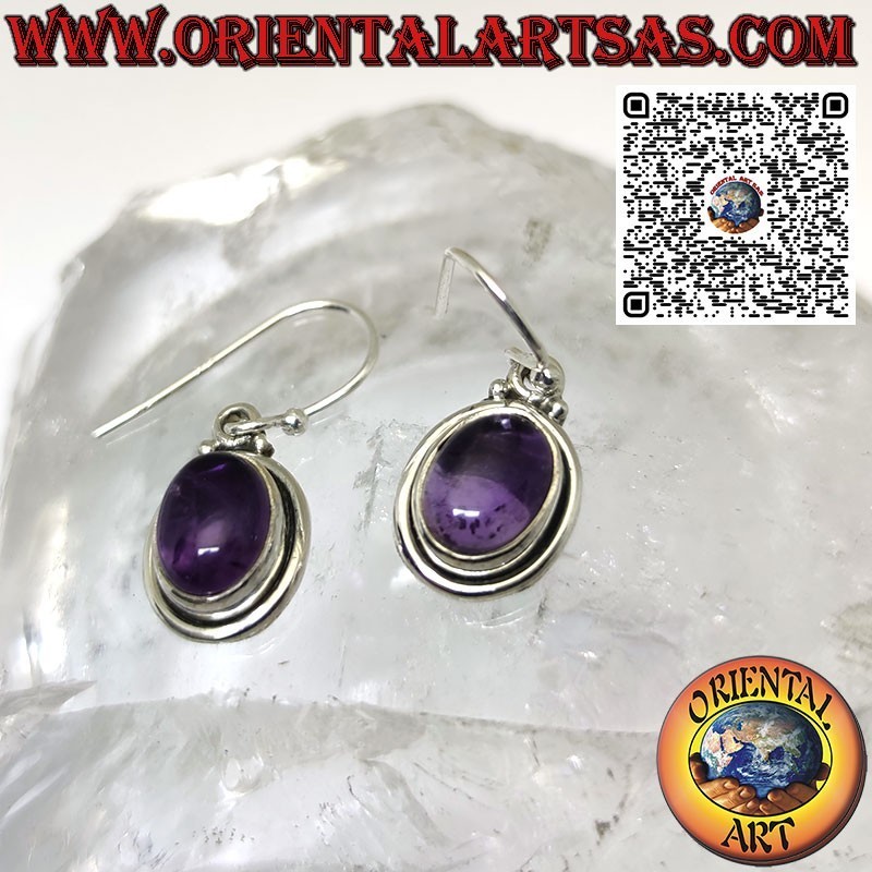 Orecchini in argento con ametista ovale cabochon a doppio bordo semplice