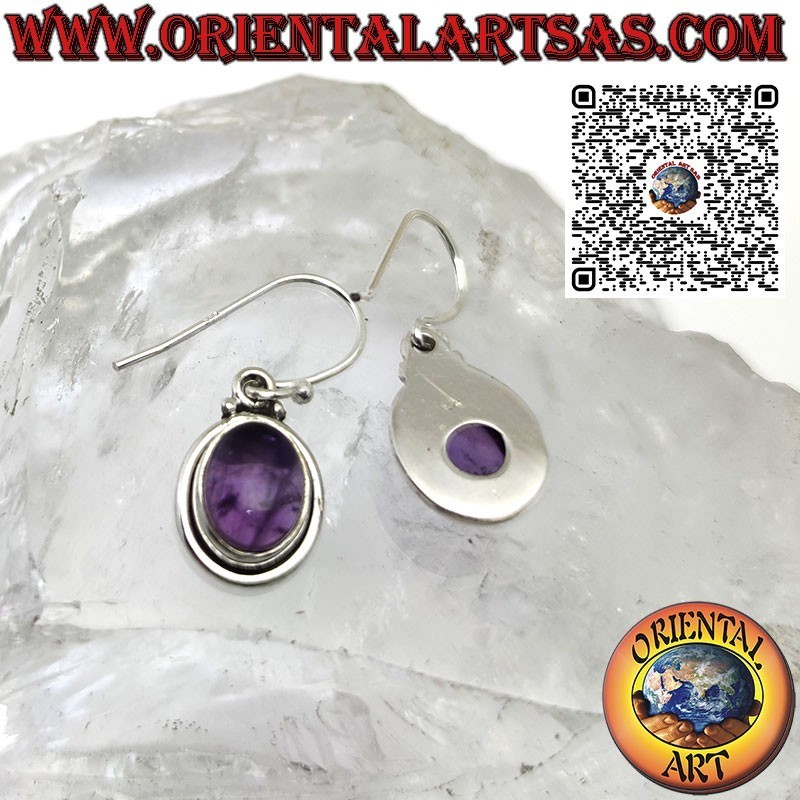 Boucles d'oreilles en argent avec cabochon d'améthyste ovale à double bord simple