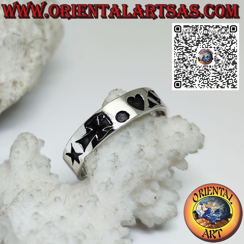 Silver band ring with star, cross, heart and rhombus engravings
