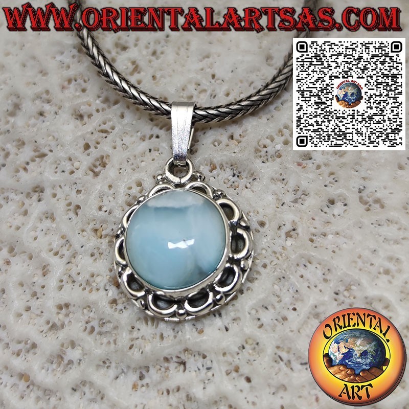 Silver pendant with round natural larimar surrounded by semicircles