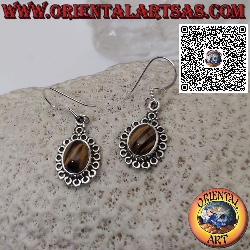 Silver earrings with oval tiger eye surrounded by circles
