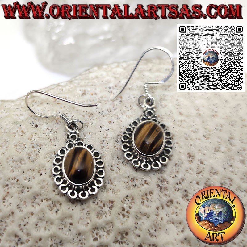 Silver earrings with oval tiger eye surrounded by circles