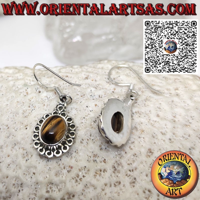 Boucles d'oreilles en argent avec oeil de tigre ovale entouré de cercles