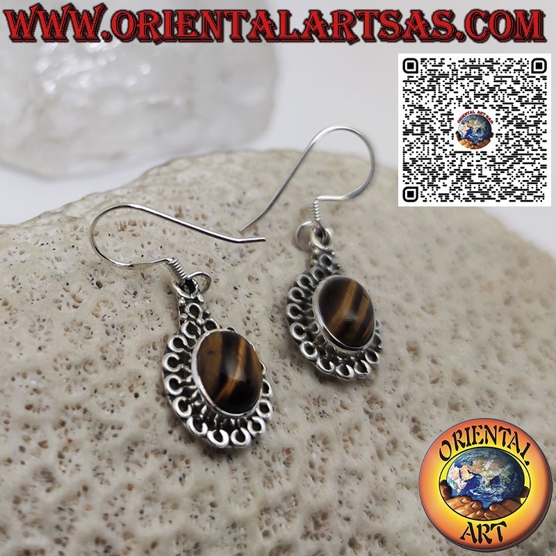 Silver earrings with oval tiger eye surrounded by circles