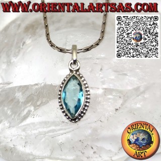 Silver pendant with blue shuttle topaz surrounded by a braid