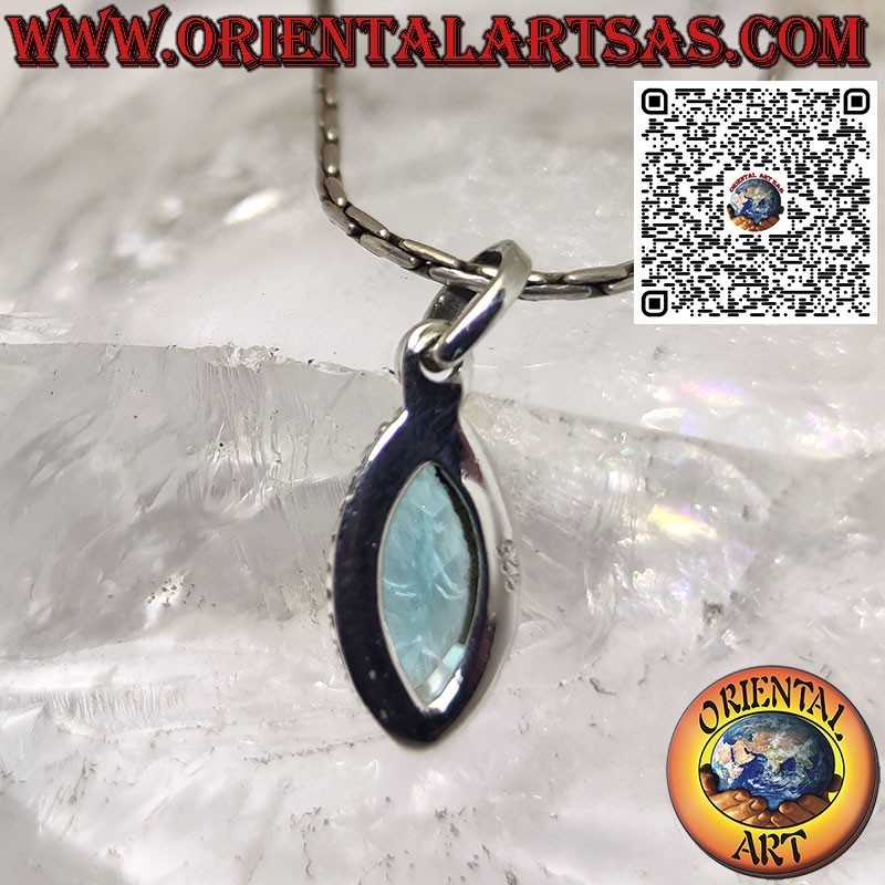 Silver pendant with blue shuttle topaz surrounded by a braid