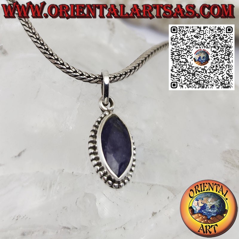 Colgante Zafiro Natural Navette Plata 925 - Borde Trenzado