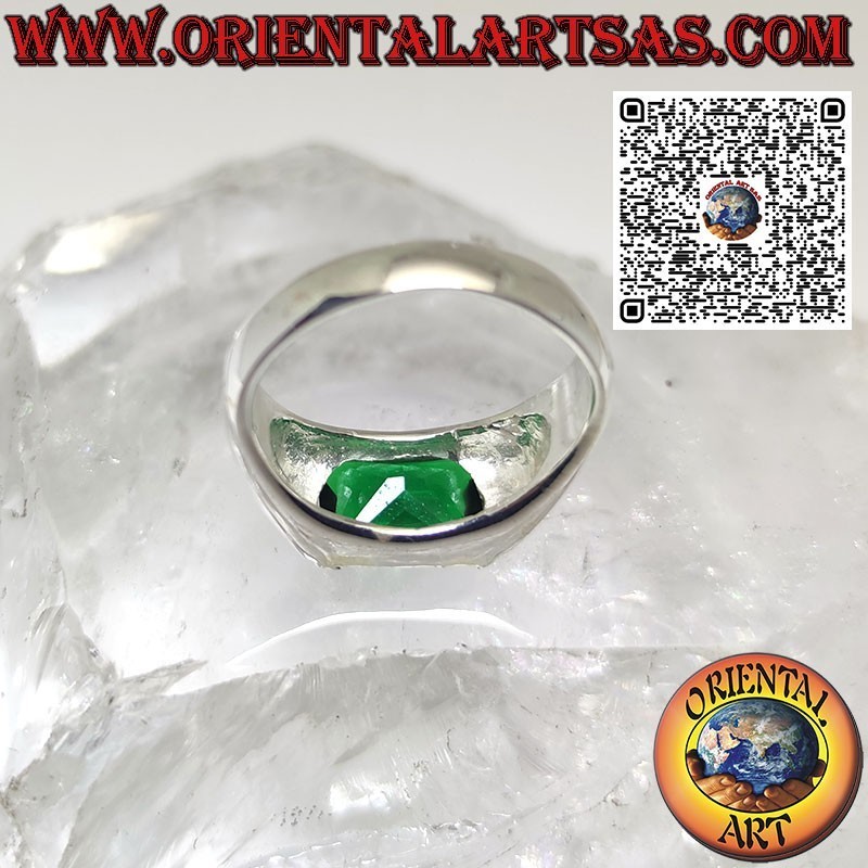 Silver ring with rectangular synthetic emerald set crosswise