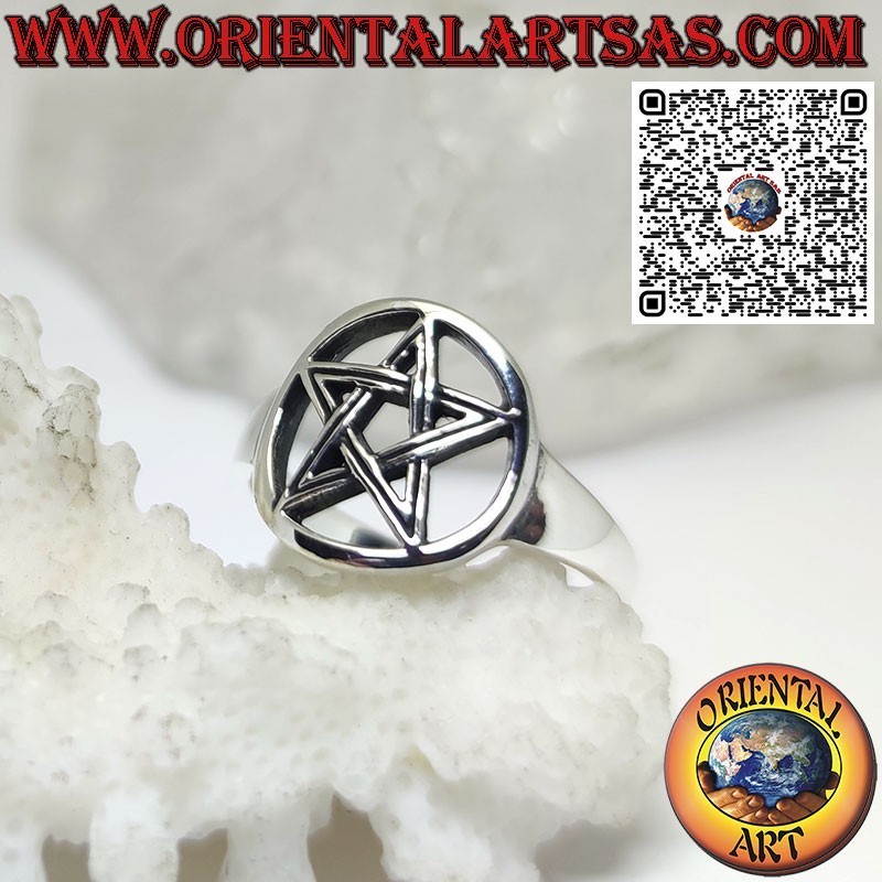 Bague en argent 925 avec étoile pentacle sculptée dans le cercle