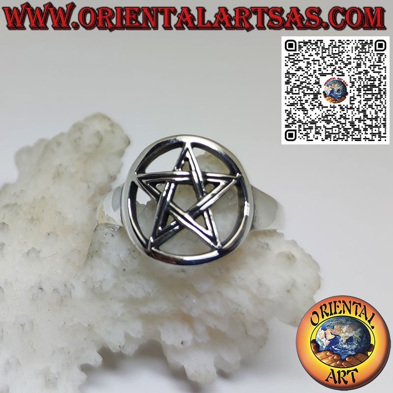 Bague en argent 925 avec étoile pentacle sculptée dans le cercle