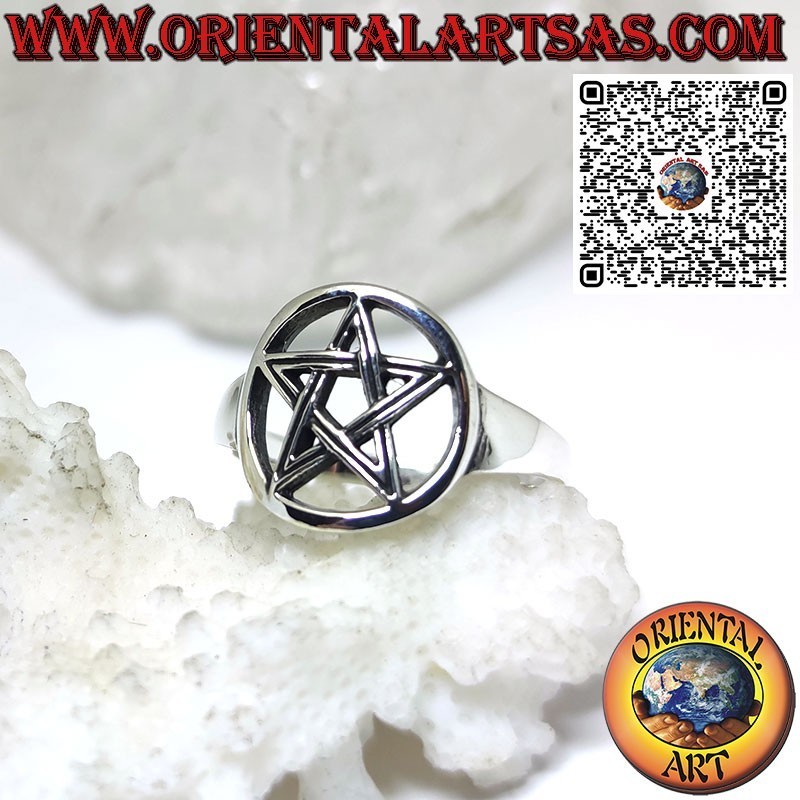 Bague en argent 925 avec étoile pentacle sculptée dans le cercle