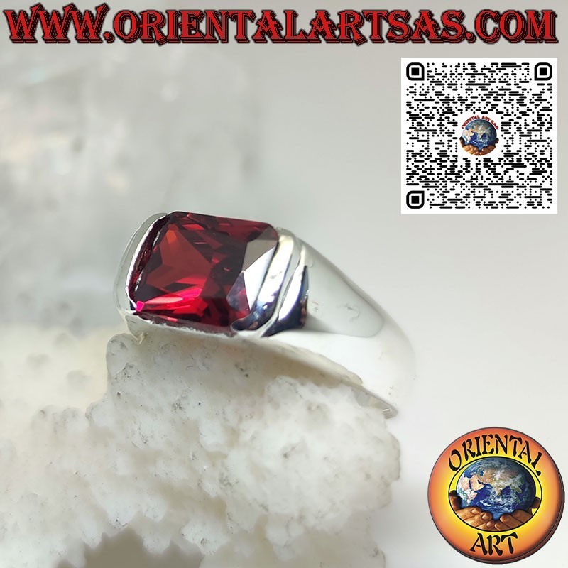 Silver ring with rectangular garnet set crosswise