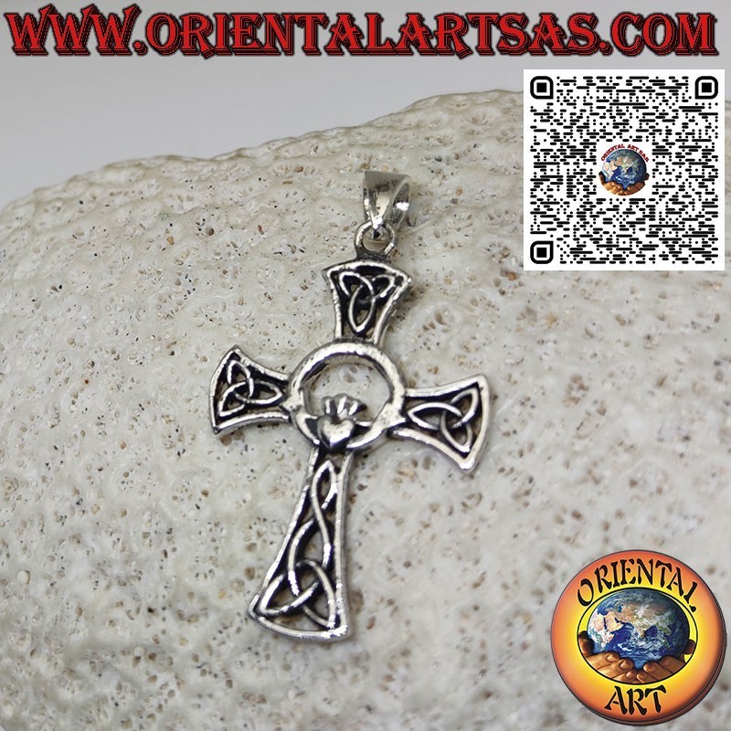Silver pendant, Celtic cross with heart crown and 4 tyrone knot