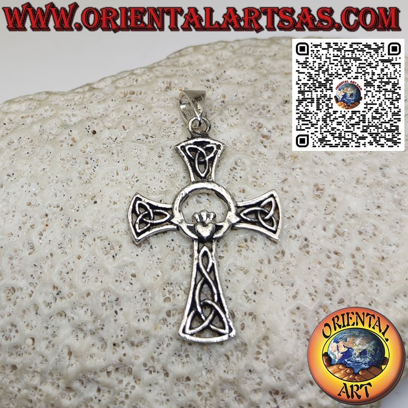 Silver pendant, Celtic cross with heart crown and 4 tyrone knot