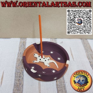 Round terracotta incense burner ashtray with gecko, designed and colored