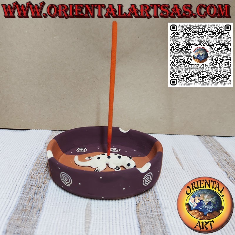 Cenicero quemador de incienso redondo de terracota con geco, diseñado y coloreado