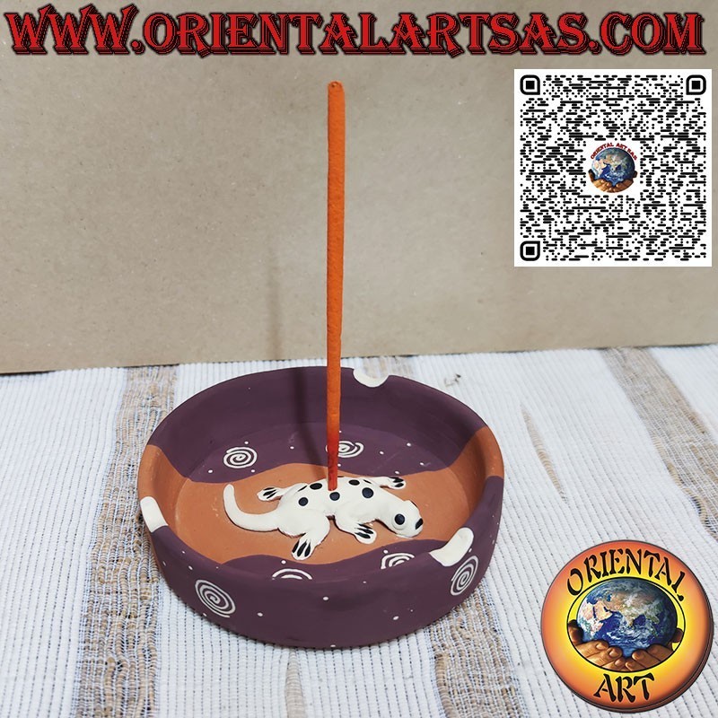 Round terracotta incense burner ashtray with gecko, designed and colored