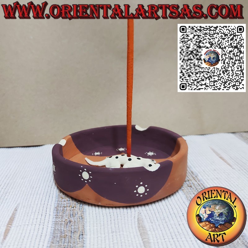 Cenicero quemador de incienso redondo de terracota con geco, diseñado y coloreado
