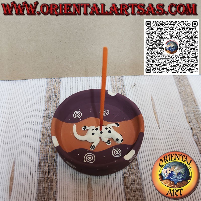 Round terracotta incense burner ashtray with gecko, designed and colored