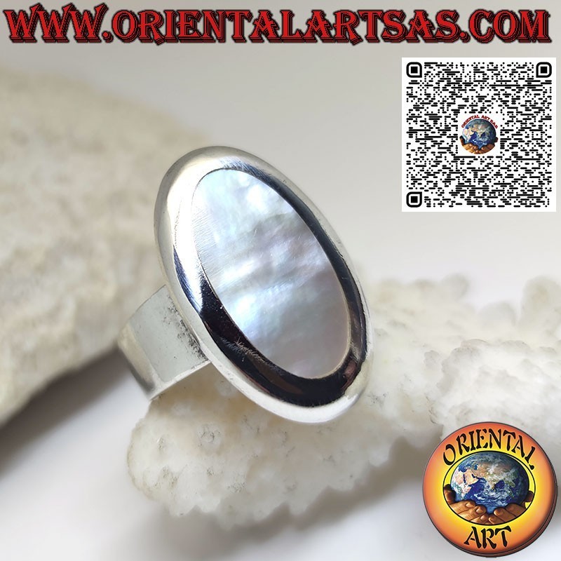 Silver ring with wide band and oval mother-of-pearl with smooth edge