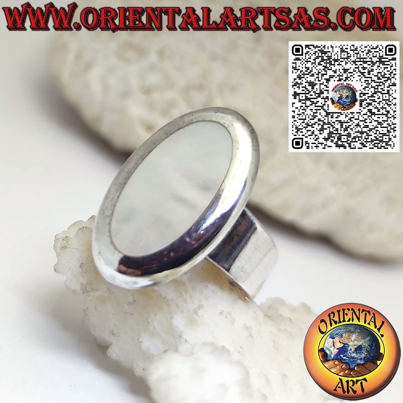 Silver ring with wide band and oval mother-of-pearl with smooth edge