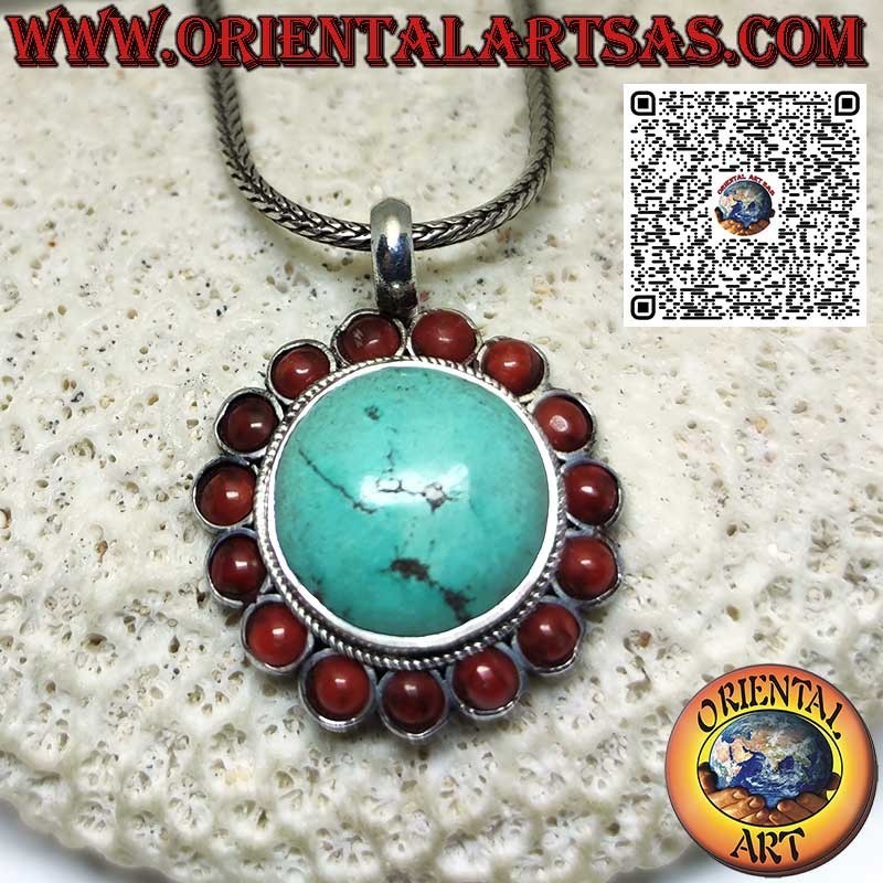 Pendentif en argent avec turquoise tibétaine naturelle ronde et coraux
