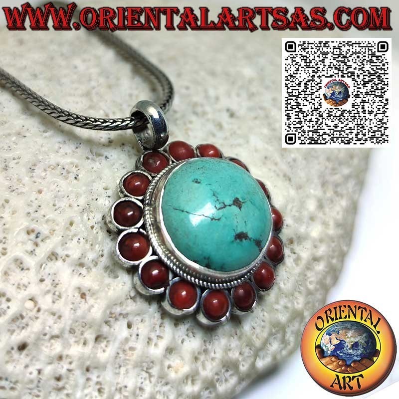Ciondolo in argento con turchese tibetano naturale tondo con coralli