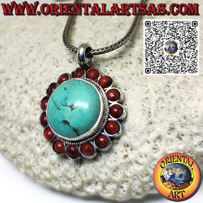 Colgante de plata con turquesa tibetana natural redonda con corales