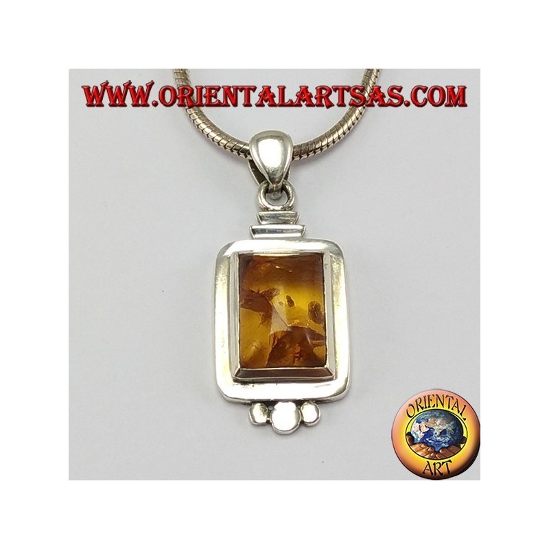 Silver pendant with rectangular Amber with three balls