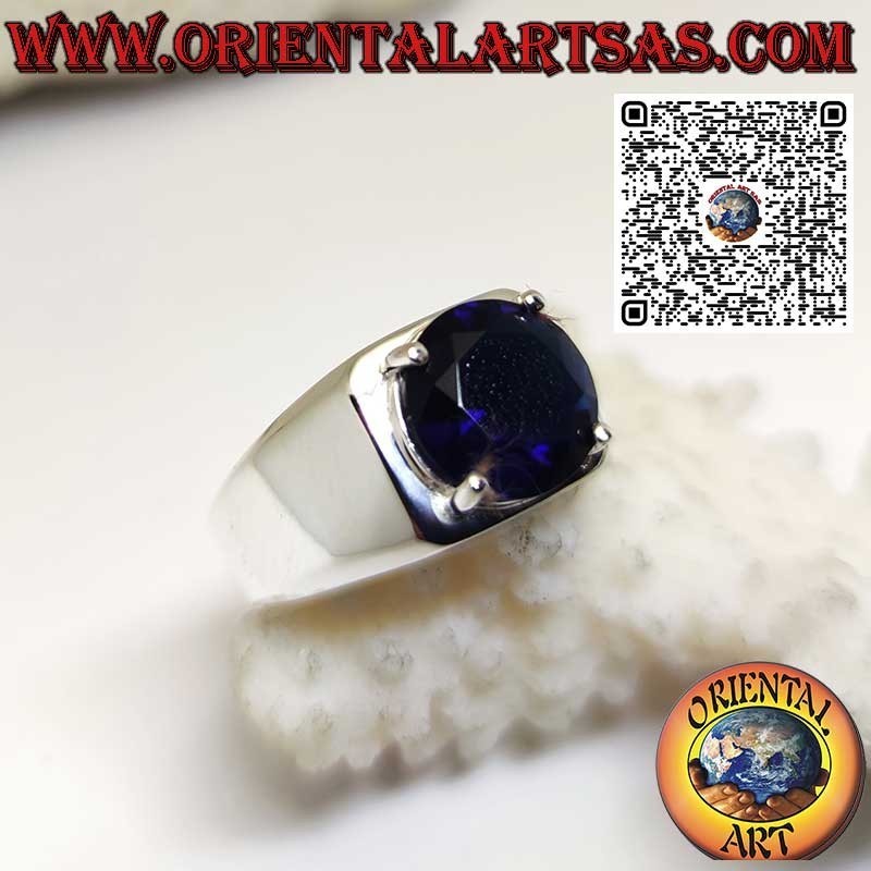 Anillo de plata con Zafiro sintético redondo engastado con 4 puntas