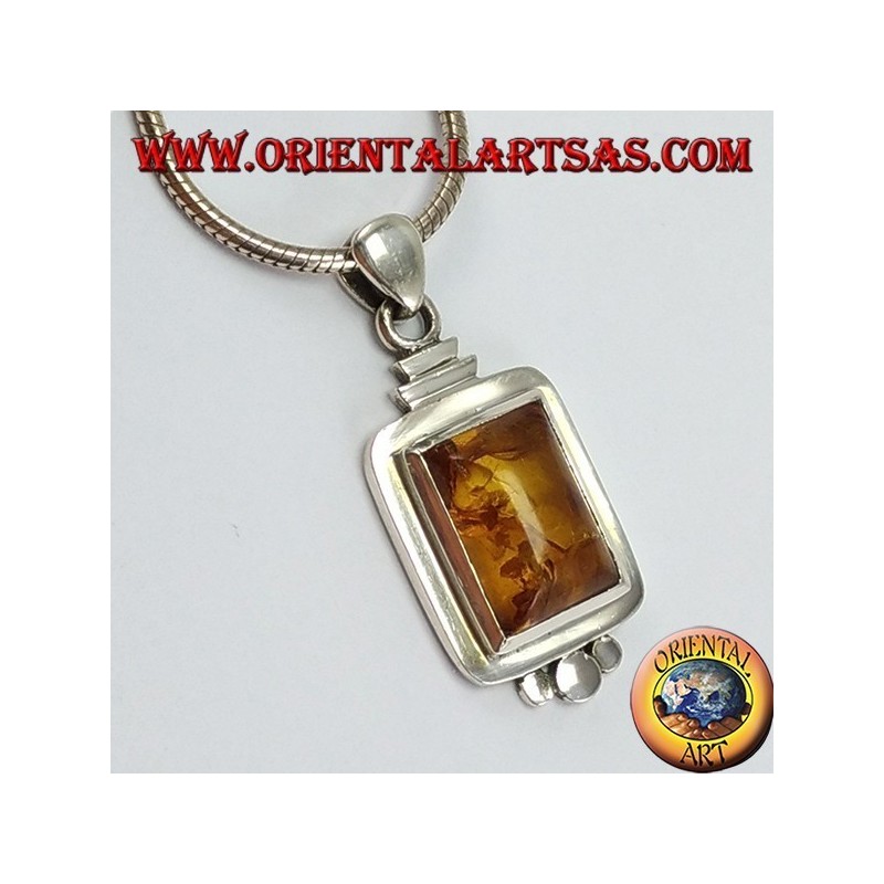 Silver pendant with rectangular Amber with three balls