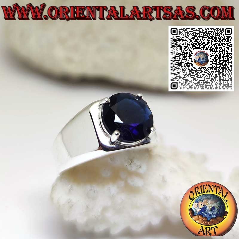 Bague en argent avec Saphir synthétique rond serti de 4 griffes