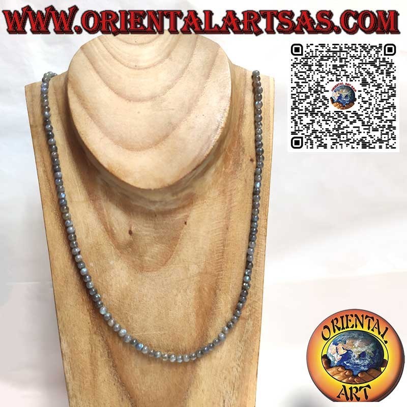 Collana lunga di Labradorite naturale sferica da 5 mm. e chiusura argento