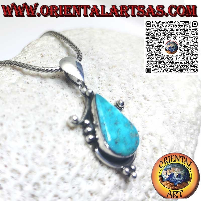 Silver pendant with natural Tibetan teardrop turquoise set