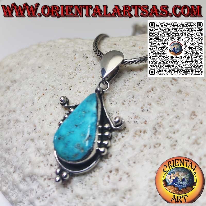 Ciondolo in argento con Turchese naturale tibetano a goccia incastonato