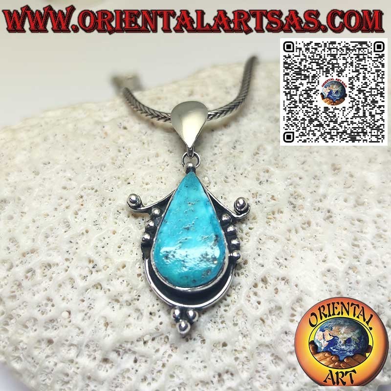 Silver pendant with natural Tibetan teardrop turquoise set