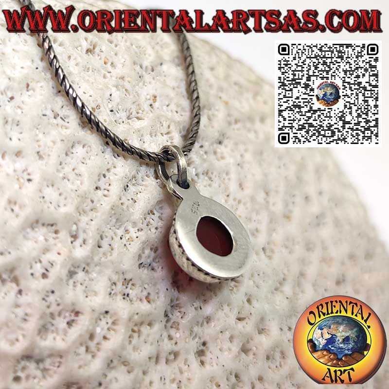 Silver pendant with natural round carnelian surrounded by braid