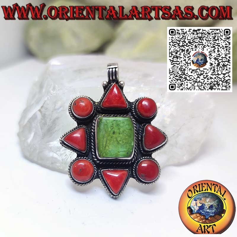 Ciondolo in argento con turchese tibetano naturale e coralli naturali