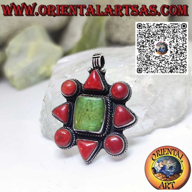 Silver pendant with natural Tibetan turquoise and natural corals
