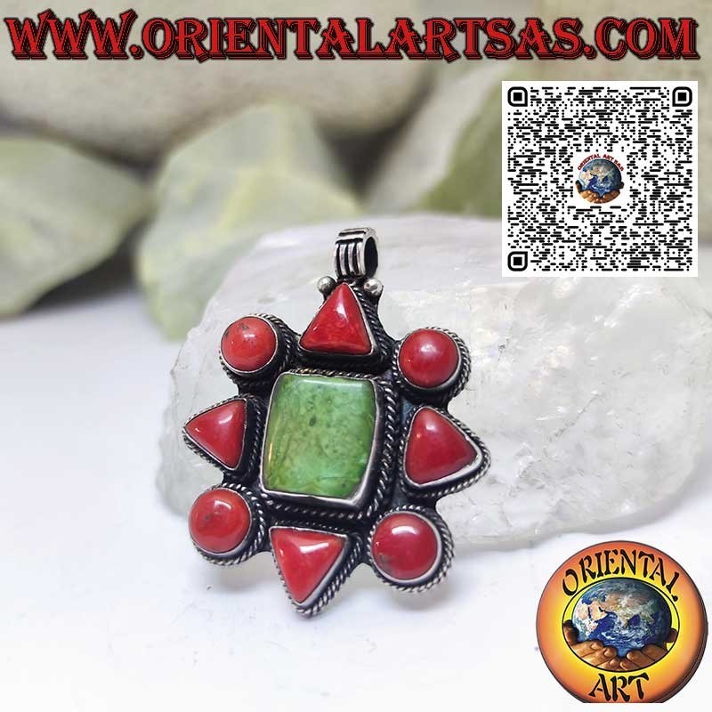 Silver pendant with natural Tibetan turquoise and natural corals