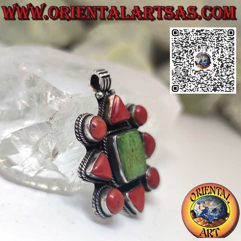 Silver pendant with natural Tibetan turquoise and natural corals