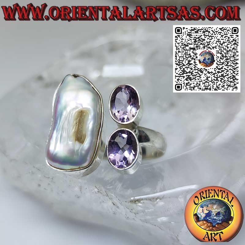Anillo de plata con perla de agua dulce y 2 preciosas amatistas naturales