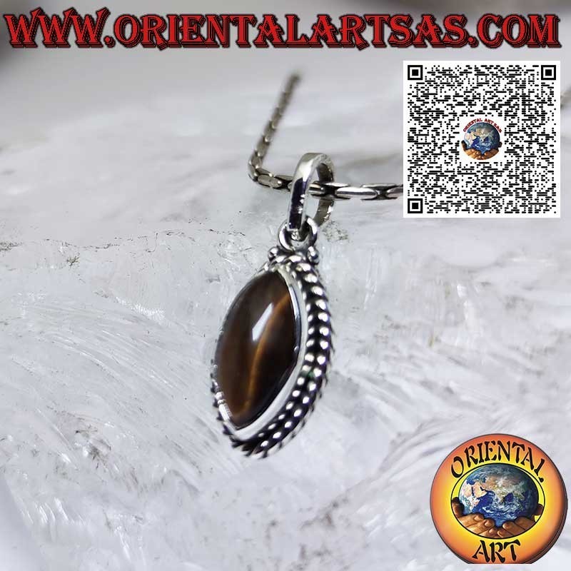 Silver pendant with a shuttle tiger eye surrounded by spheres