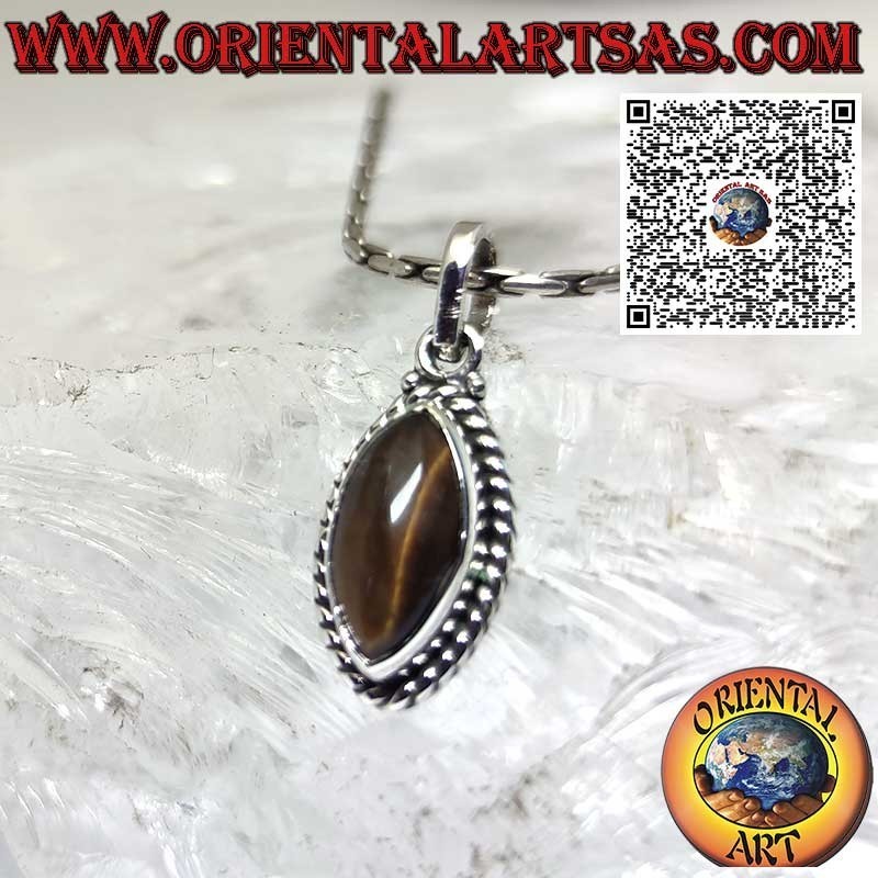 Pendentif en argent avec un oeil de tigre navette entouré de sphères